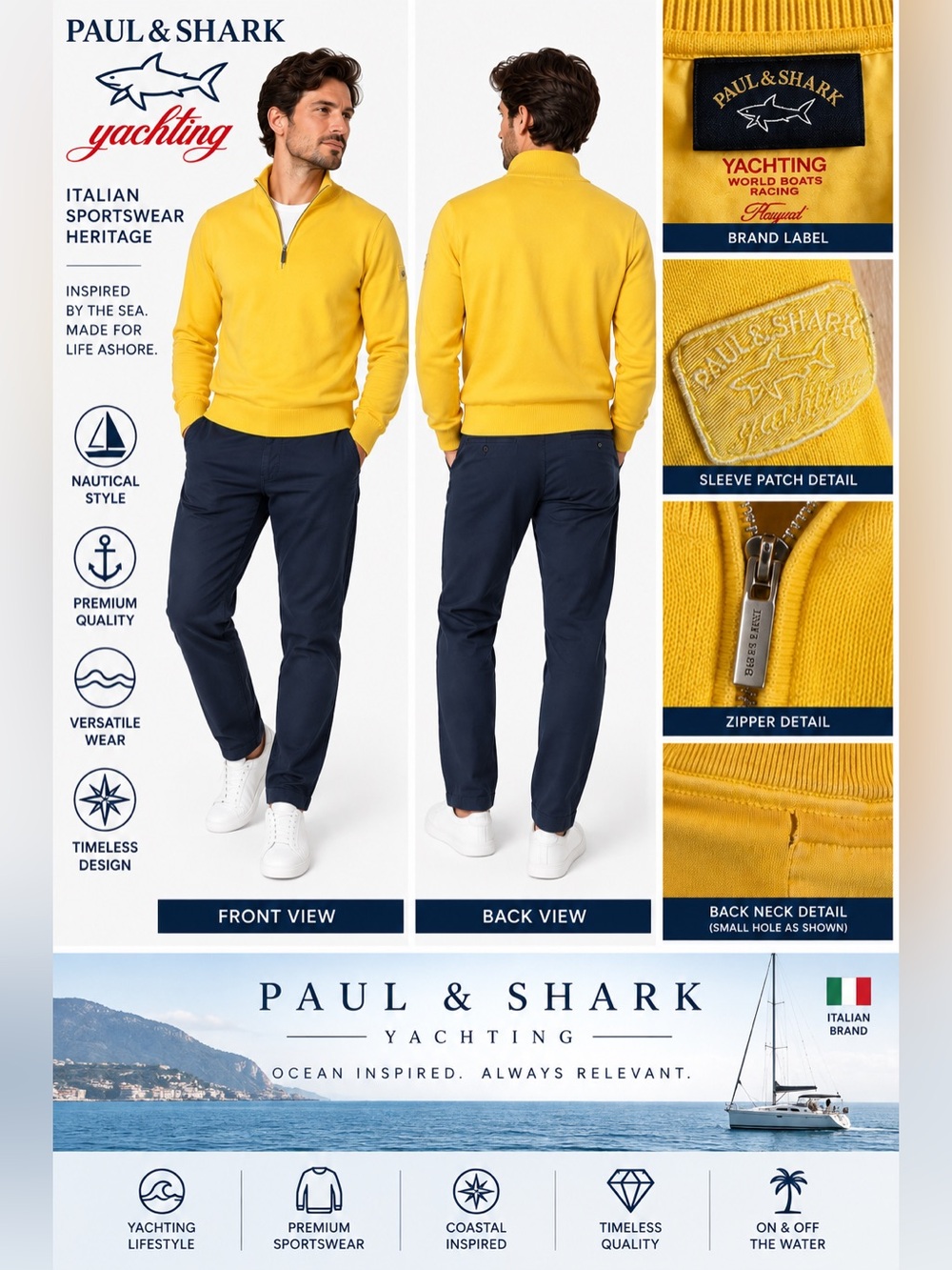 Paul & Shark Yachting Men’s Yellow Quarter Zip Pullover Sweater Long Sleeve